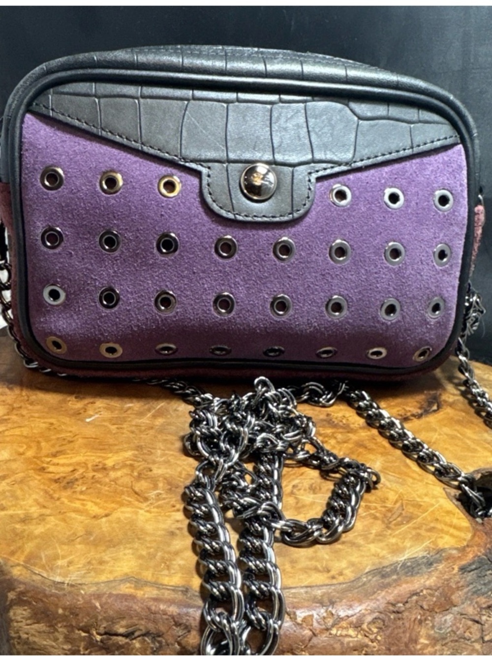 Longchamp Mademoiselle Rock Studded Purple Leather Crossbody camera bag